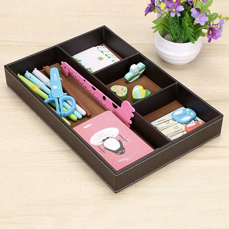4 Slots Desk Drawer Organizer, Pu Leather Drawer Storage Organizer Divider For Office Desk Supplies Value Collection And Accesso
