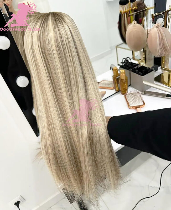 Perruque Full Lace Wig sans colle brésilienne naturelle, cheveux lisses, pre-plucked, swd'appareils lace transparente, mélange brun et blond