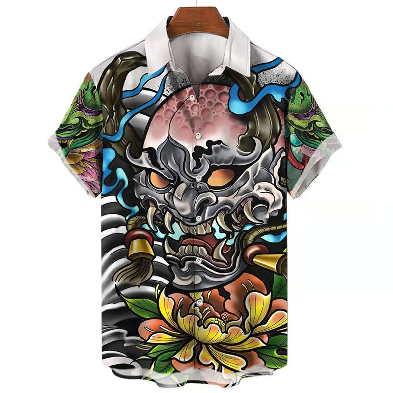 Camisa de manga curta com estampa samurai masculina, botões de lapela masculinos, roupas femininas, tops casuais, blusas grandes, vintage