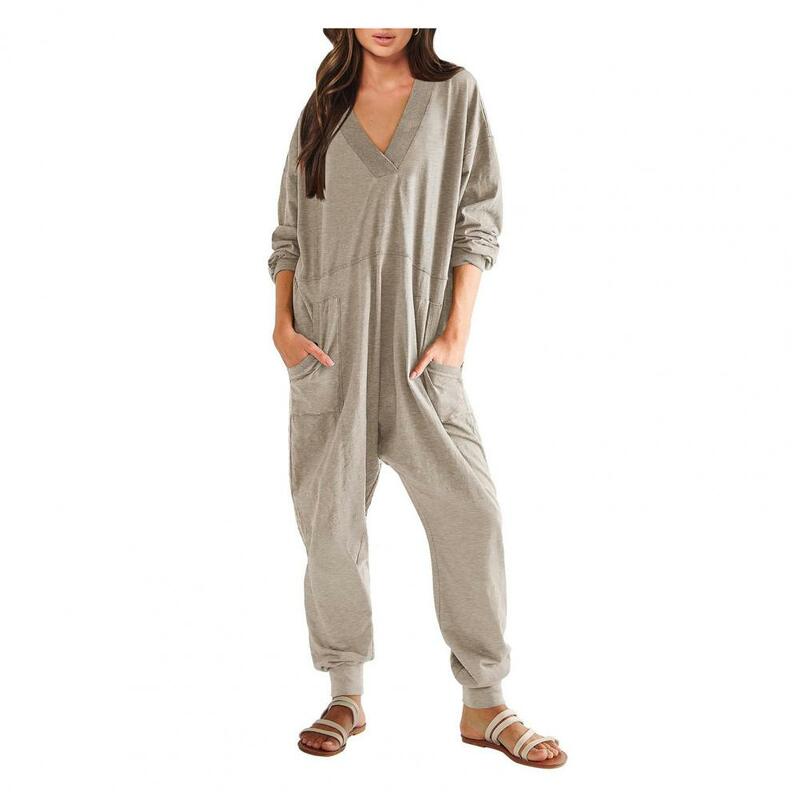 Mono holgado de manga larga para mujer, pijama con cuello en V y bolsillos, Color liso, para invierno