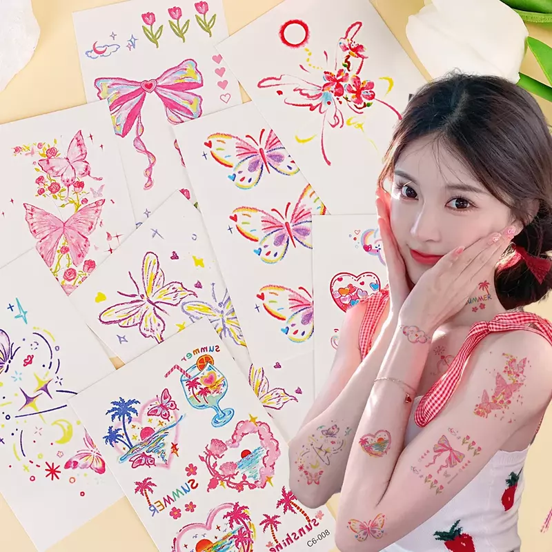 Временные наклейки-тату с цветами и бабочками, самоклеящиеся красочные татуировки для боди-арта, водостойкие временные Красочные татуировки на руку