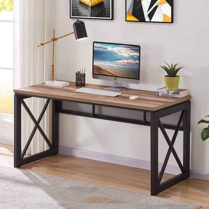 BON AUGURE Industrial Home Office Desks, Rustic Wood Computer Desk, Farmhouse Sturdy Metal Writing Desk