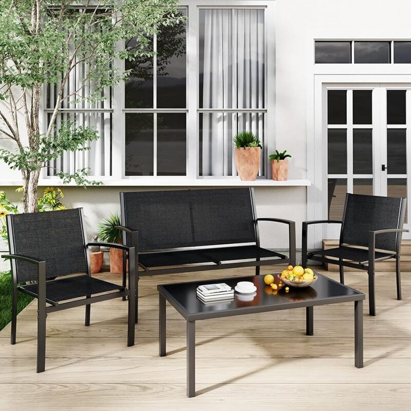 Set kursi, furnitur 4 bagian, Set percakapan luar ruangan untuk teras, halaman rumput, taman, kolam renang, dengan meja kopi kaca, kursi hitam
