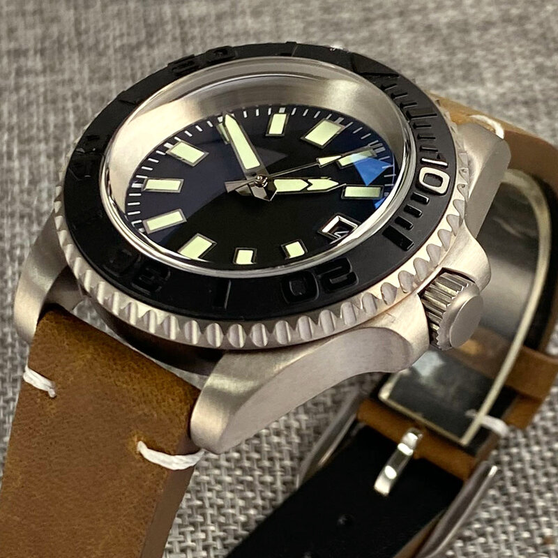 นาฬิกากลไกดำน้ำซับไทเทเนียมสำหรับผู้ชาย AR โดมแซฟไฟร์กระจก relogio masculino สายหนังวินเทจนาฬิกา40mm