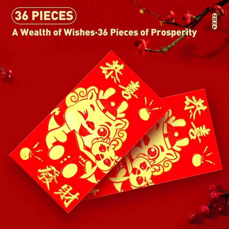 Envelopes vermelhos chineses duráveis, Envelopes chineses para dinheiro, Dragão Ano Novo Lunar, 6.5X3.5Inch, 6 Designs, 36pcs, 2024