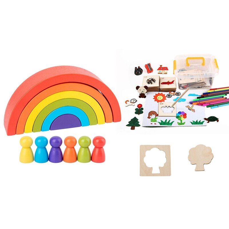 Mainan Edukatif rakitan jembatan lengkung berwarna Puzzle pelangi dengan 80 buah mainan edukasi rakitan stensil Gambar kayu DIY Doodles-Drop Sh