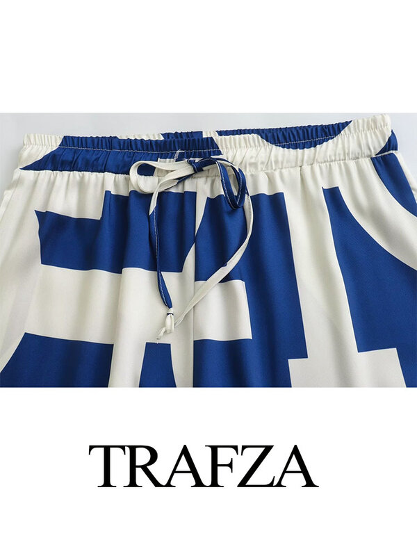 TRAFZA 여성용 용수철 정장, 기하학적 턴다운 칼라, 긴팔, 싱글 브레스트 셔츠, 신축성 있는 허리, 레이스업 바지, 트렌디한 2024