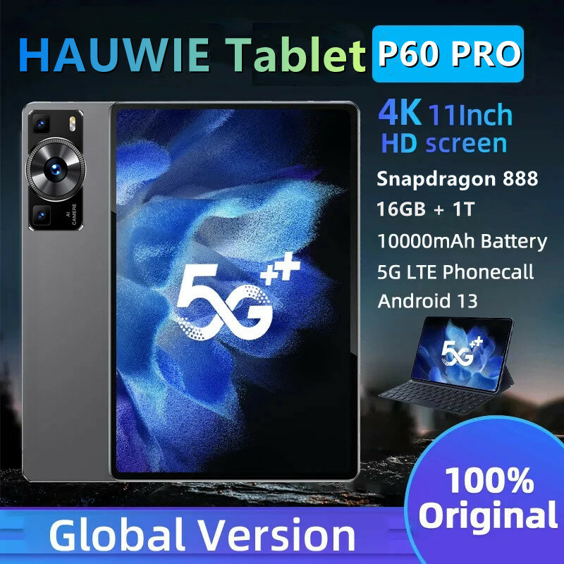 Original P60 Pro Android 13 Tablet, Snapdragon 888, Cartão 5G Dual SIM, Chamada Telefônica, WiFi, HD, 4K, Mi, 16GB, 1TB, 11 ", Novo, 2022