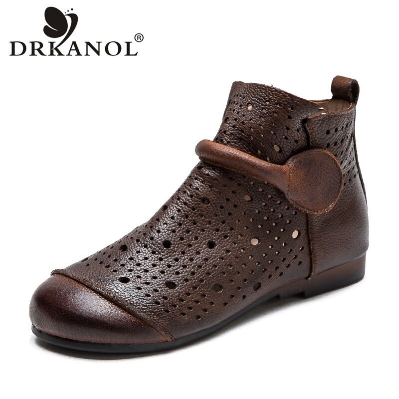 DRKANOL Handmade Retro Genuine Leather Ankle Boots For Women Summer Hollow Breathable Shoes Soft Bottom Zipper Casual Short Boot