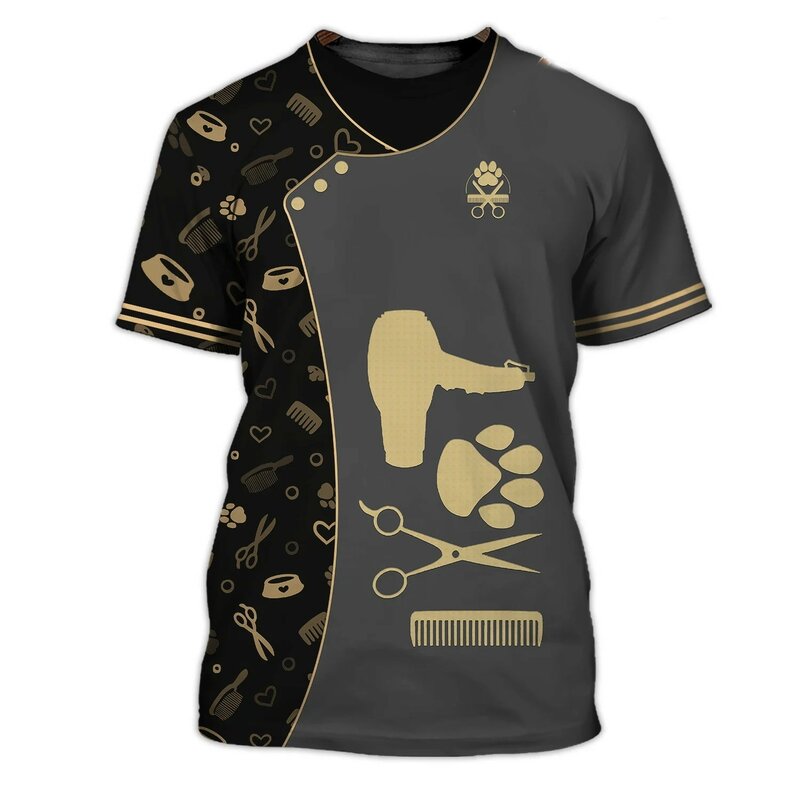 Unisex cachorro groomer t-shirt, uniforme da moda, roupas com o pescoço, masculino extragrande manga curta Tees, Harajuku Tops, verão