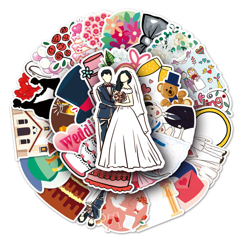 Cartoon Romantic Wedding Series Adesivos, Graffiti Adesivos, Adequado para Laptop, Capacetes, Decoração Desktop, Brinquedos DIY, 50Pcs