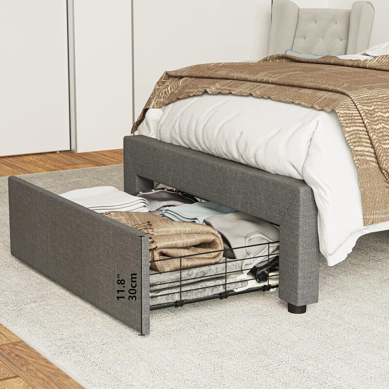 LIKIMIO-Marco de cama doble con cajón para debajo de la cama XL, plataforma tapizada con cabecero, sin resorte de caja necesario/sin ruido, gris