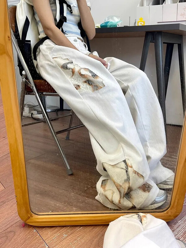 New Design Wide Leg Pants Print Graphic High Waist Fashion Full Length Jeans Casual White Denim Trousers Korean Retro Mori Girl