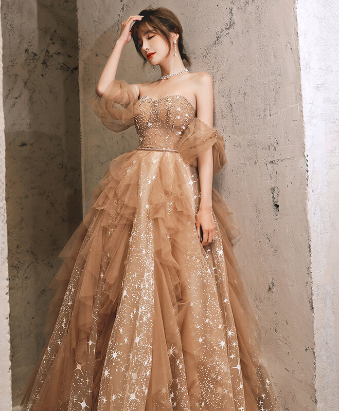 Customized khaki host starry sky toast dress one-shoulder model catwalk dress bride dress