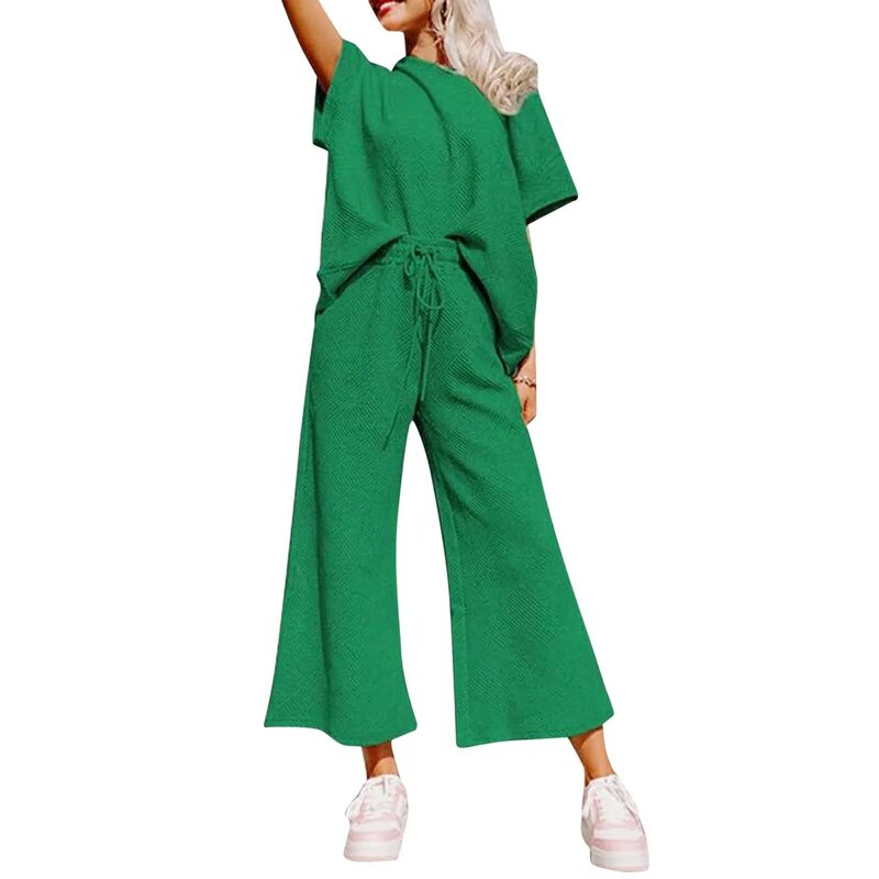 Conjunto feminino de camiseta com gola em O, calça de manga curta, textura monocromática, roupas soltas de verão, terno de duas peças, 2024