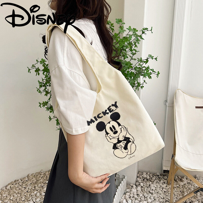 Disney-Mickey Mouse anime bolsa de ombro feminina, bolsa de lona fofa dos desenhos animados, sacola casual para meninas, presentes de aniversário, moda