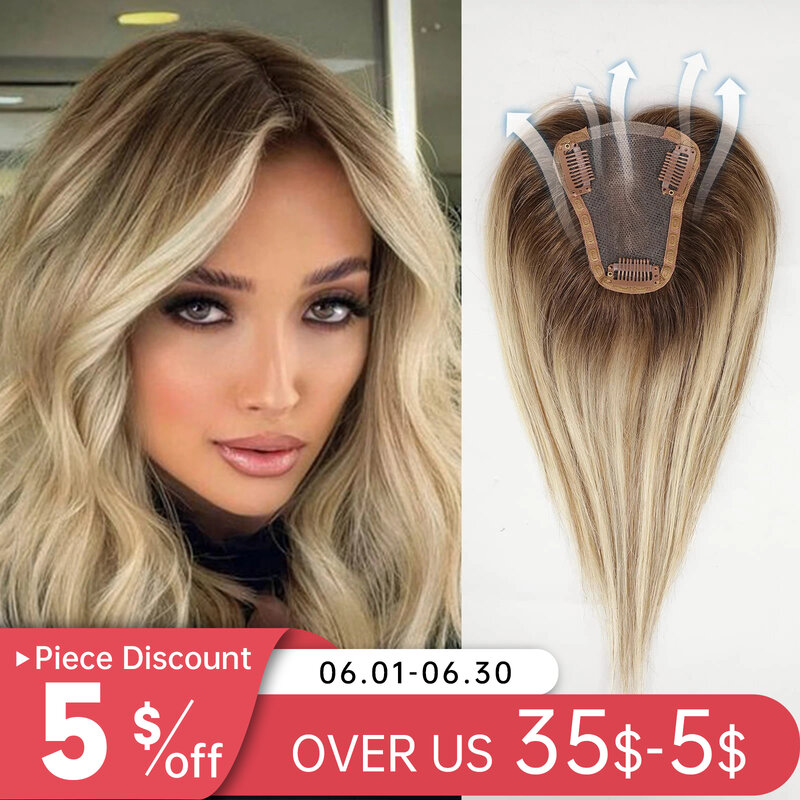 Women Human Hair Toppers Middle Part Ombre Light Brown Blonde Human Toupee Hair Pieces with Thinning Hair Base Clip in Toppers