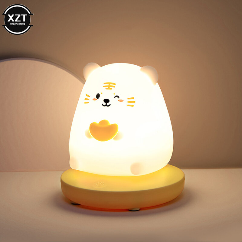 Bedroom Night Light for Children Cute Animals Pig Rabbit LED Silicone Rechargeable Lamp Touch Sensor Dimmable Kids Holiday Gifts