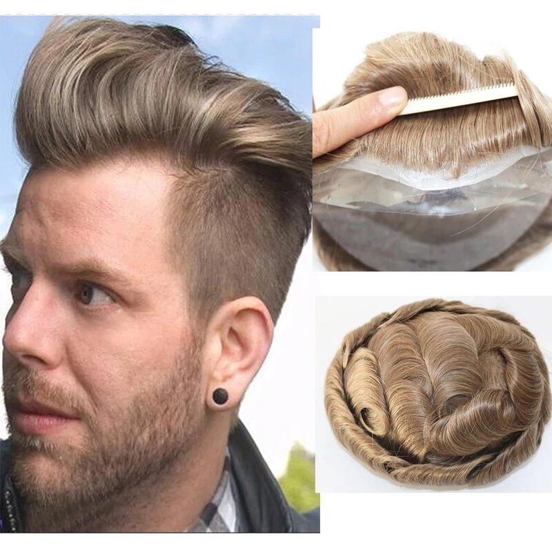 Undetectable Natural Hairline Male Wig Cool Brown Blonde Super Durable Men Toupee Human Hair Thin Skin Full PU Capillary Prosthe
