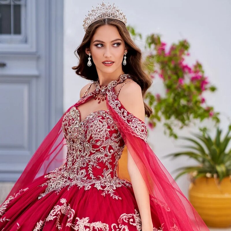 Błyszczące cekiny kryształowe suknie balowe Quinceanera z peleryną ręcznie szyte aplikacje czerwona księżniczka długa słodka sukienka 16 Vestidos