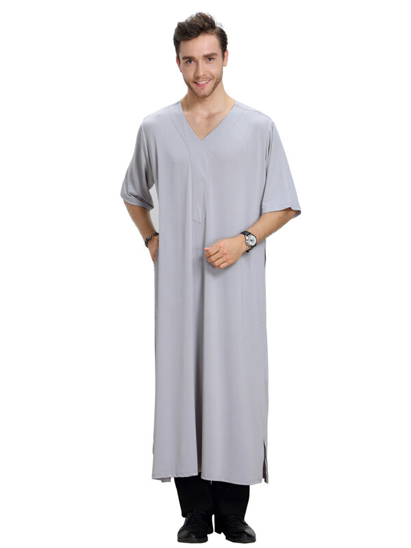 Maroko jubah warna Solid pria gaya Saudi Jubba Thobe pria Vintage lengan pendek leher V Muslim Arab Dubai pakaian Islami
