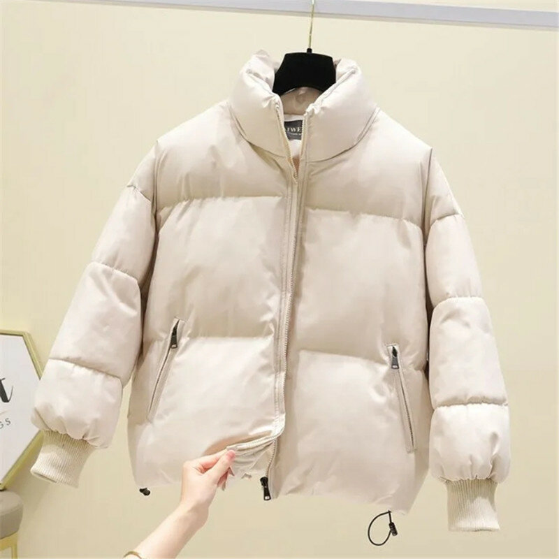 Jaqueta de algodão curto para mulheres, casaco de gola alta, parka solta, sobretudo de bolso com zíper, casacos femininos, moda inverno, novo, 2023