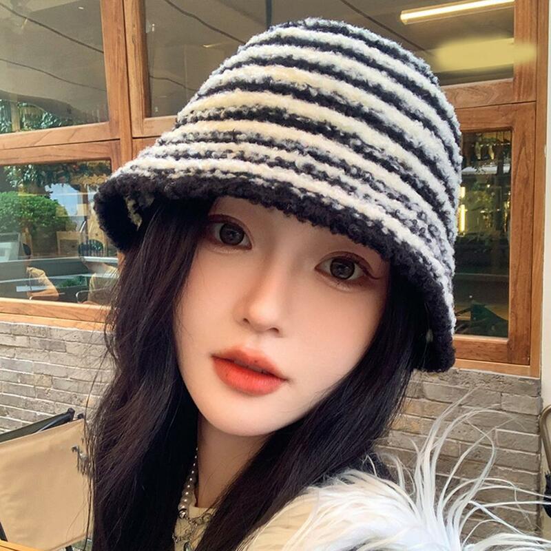 Sombrero de pescador de punto a rayas para mujer, gorro de lana suave y cómodo, versión coreana, versátil, cálido