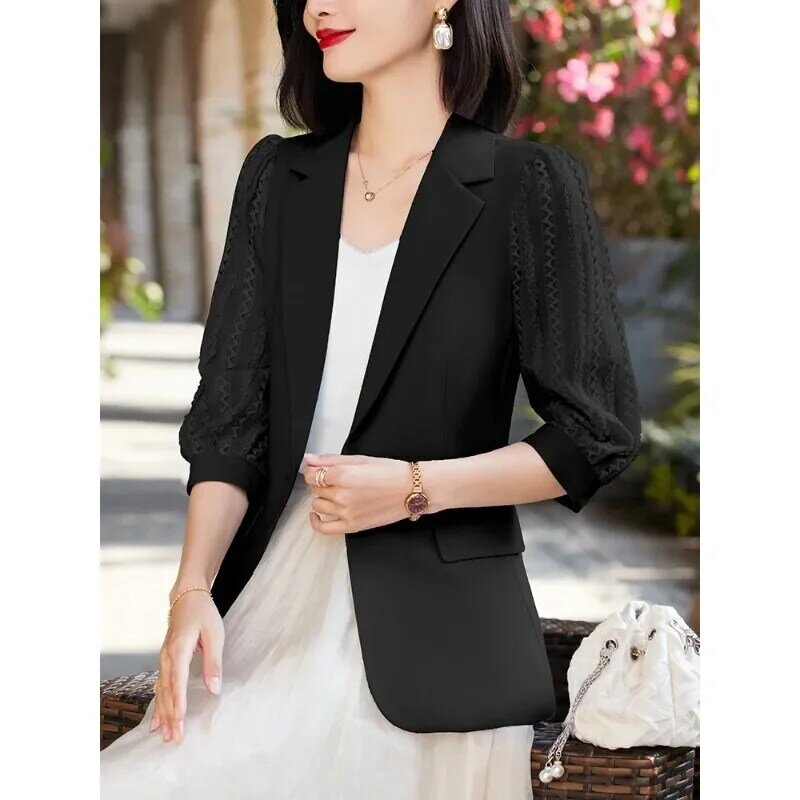 Женский деловой Блейзер, пальто абрикосового, синего, черного цвета с рукавом три четверти, деловая одежда для работы, куртка на весну и лето