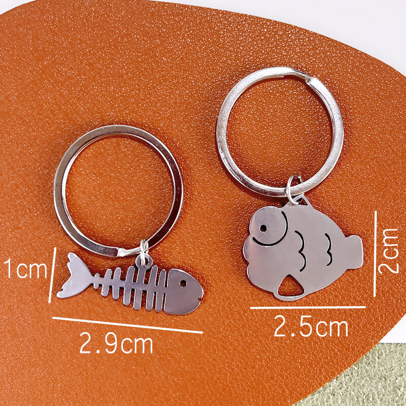 Cartoon Cat Fish Bone Keychains Silver Color Stainless Steel Animal Key Holder Couple Backpack Charms Accessories Party Gifts