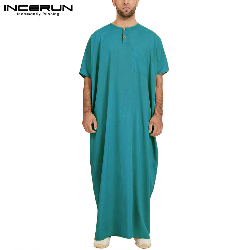 INCERUN Jubba Thobe Men Islamic Arabic Kaftan Solid Short Sleeve Loose Retro Robes Abaya Middle East Muslim Clothing Plus Size