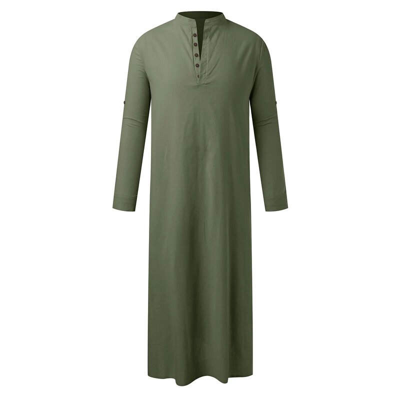 Manto muçulmano de manga comprida masculino, estilo árabe médio, botão simples, fenda lateral, bolso de botão