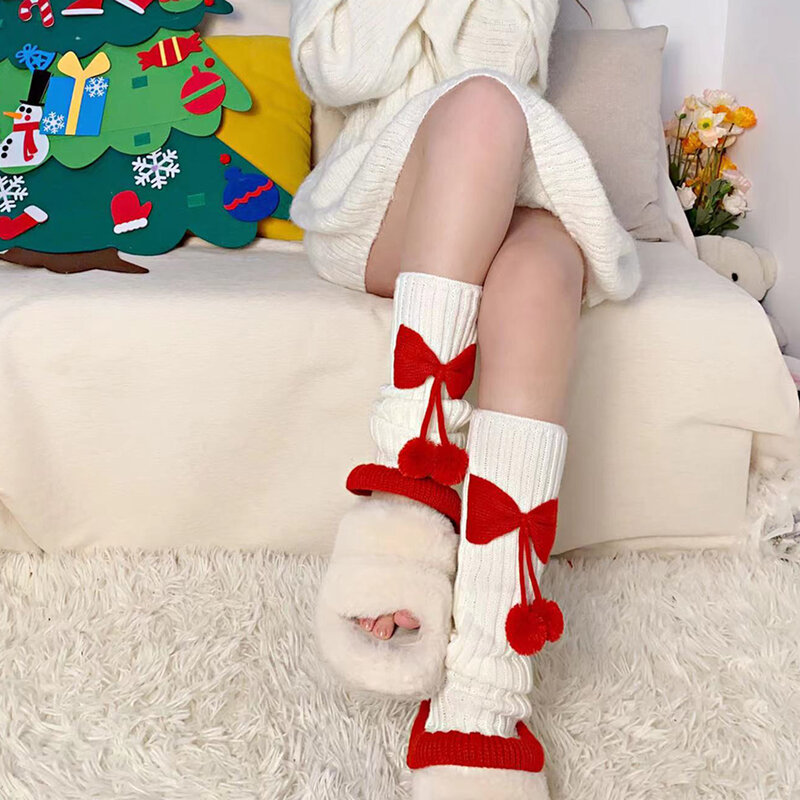 Harajuku Y2k Girls Cute Bow Plush Ball Leg Warmers Socks Japanese Lolita Kawaii Sweet JK Pink Ruffles Knitted Warm Leg Cover