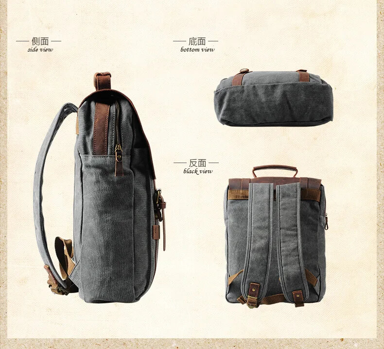 Vintage couro militar lona mochila, moda escola saco para homens e mulheres