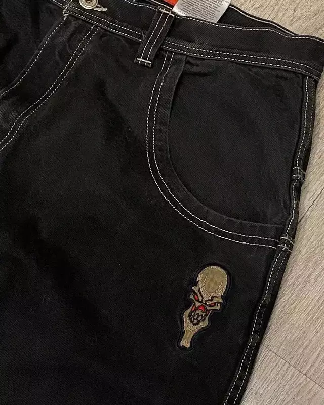 Harajuku Hiphop Gothic Jnco Jeans Streetwear Retro Skull Pattern Geborduurde Losse Jeans Mode Heren Dames Wijde Broek Broek