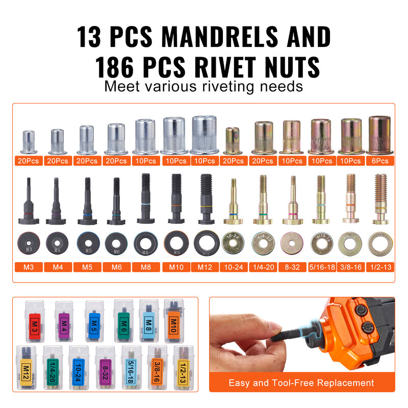 VEVOR 14" 16" Rivet Nut Tool Rivnut Tool Kit with Metric and SAE Mandrels 70PCS/186PCS Rivet Nuts With Rugged Carrying Case