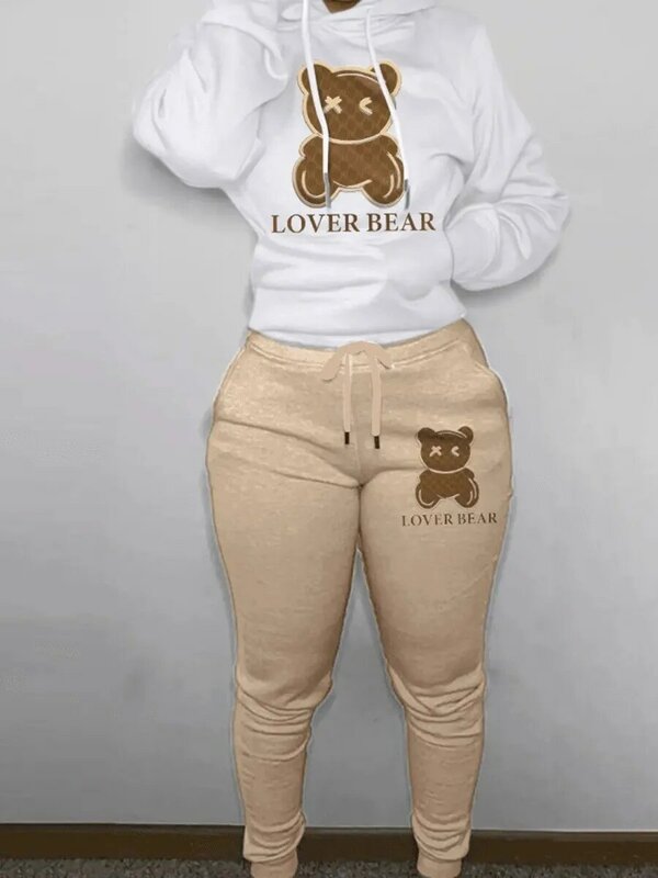 LW Lovely Bear Letter พิมพ์กระเป๋าชุดแขนยาว Hoodie + Celana Panjang Kolor ผู้หญิง2ชิ้นคู่ชุด