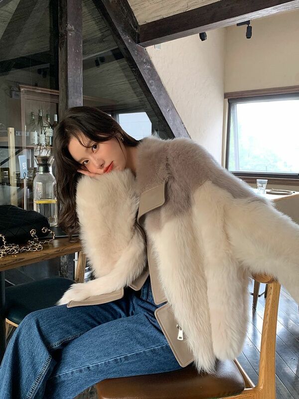 Lekka luksusowa koreańska damskie sztuczne futro pogrubiona ciepła odzież wierzchnia damska luźna modna, patchworka kurtka zapinana na co dzień