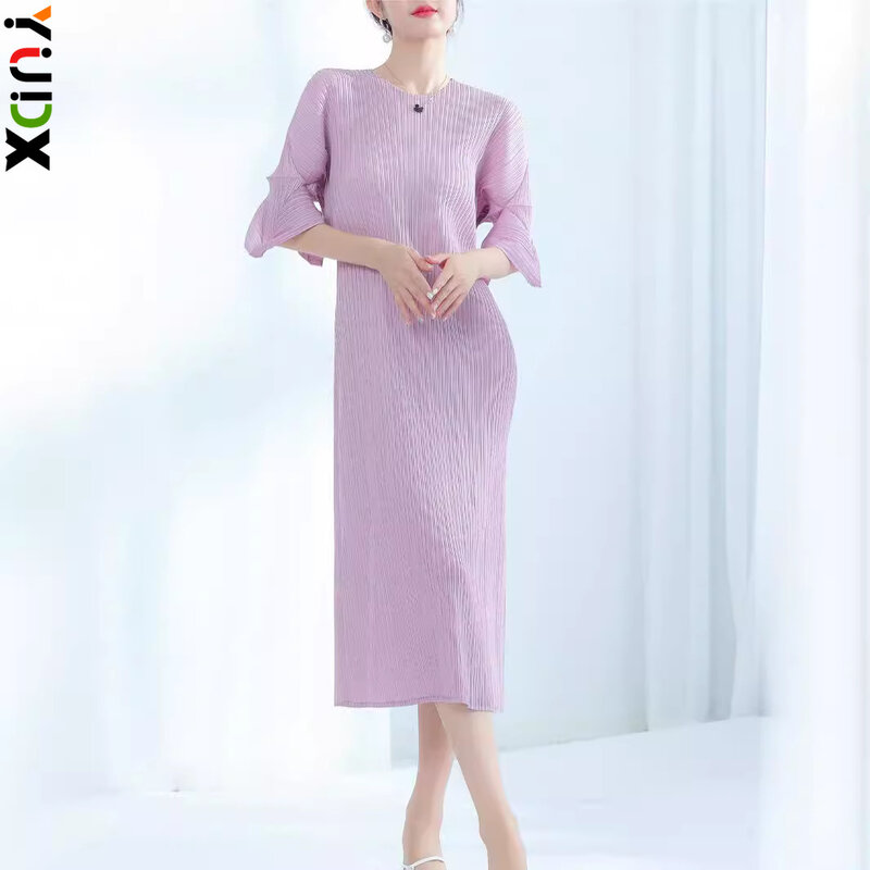 YUDX Miyake gaun rok temperamen wanita, berlipat lengan bunga desain warna Solid baru musim panas 2024