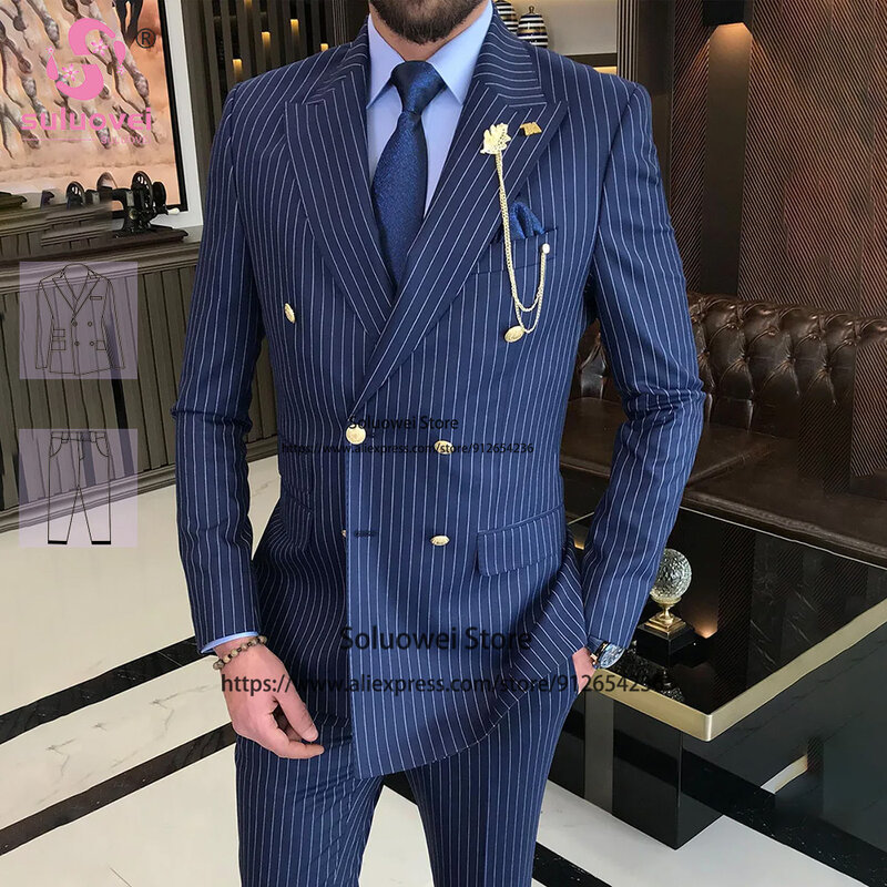 Fashion Striped Slim Fit Suit For Men Customized 2 Piece Pants Set Groom Wedding Double Breasted Tuxedo Terno Masculino Completo