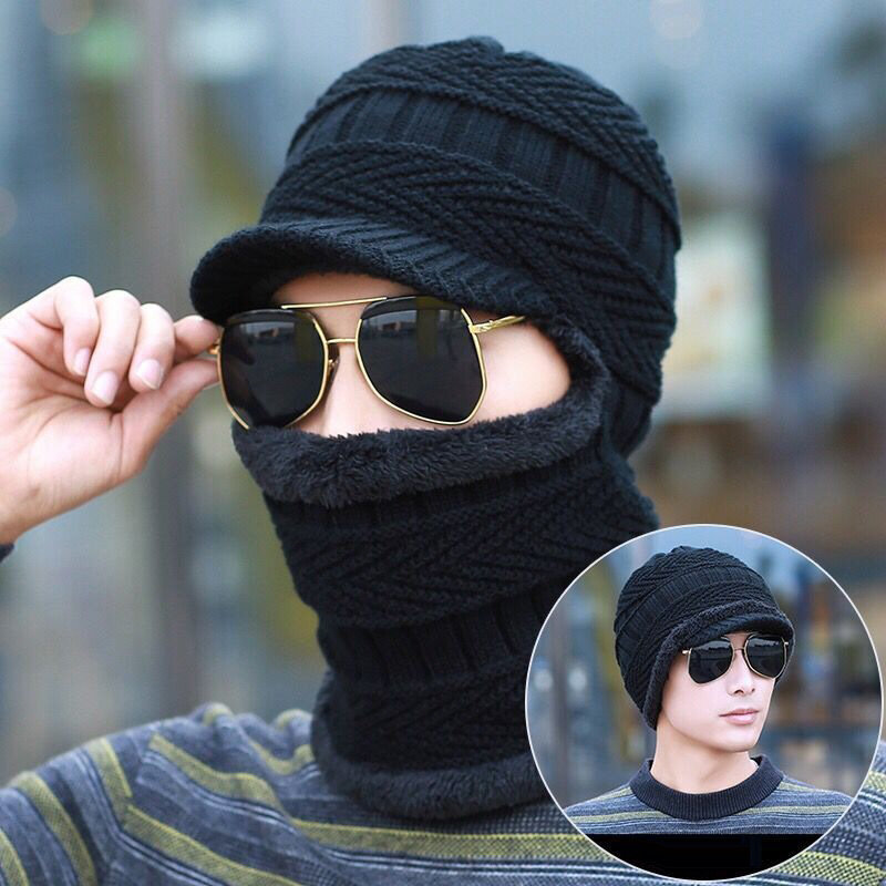 Men's Knitted Plush Hat Ski Hat Windproof Winter Outdoor Knitted Thick Siamese Scarf Collar Warm Face Beanies Hat