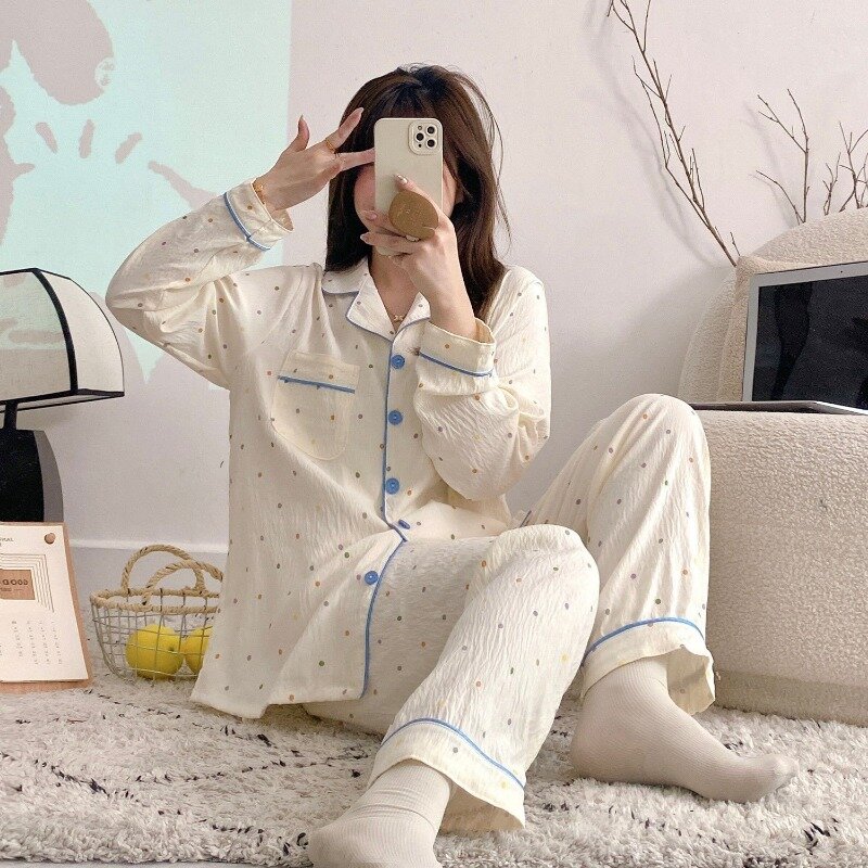 Pijamas de manga larga con lunares para mujer, ropa de dormir de primavera y otoño, nuevo estilo coreano, pantalones de crecimiento estético dulce, conjunto de ropa de estar por casa