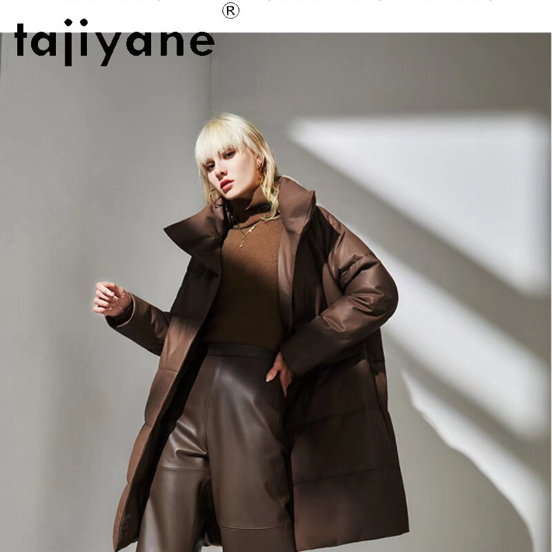 Tajiyane-女性用の本物のシープスキンレザージャケット,ミドル丈,ホワイトグースダウンコート,スタンドカラー,暖かいパーカー,ファッショナブル,冬