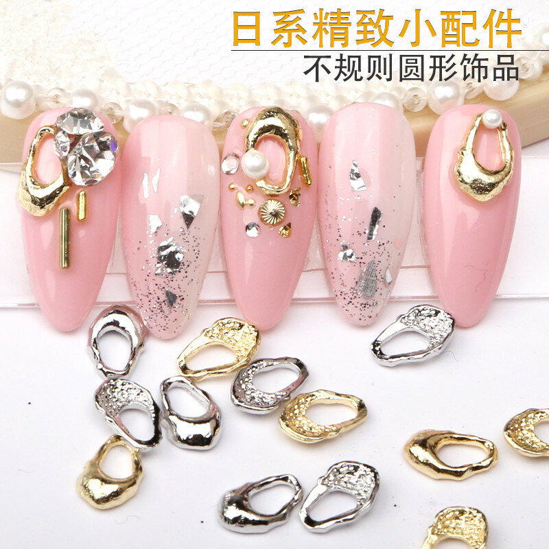 10 Buah Pesona Seni Kuku Logam Tidak Teratur Perhiasan Logam Campuran Barok Baru Jepang Datar Bawah Oval Emas dan Perak Aksesori Kuku