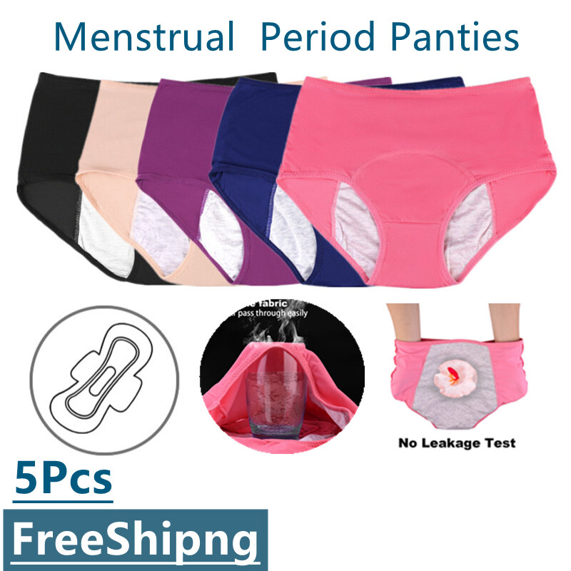 Calcinha do período menstrual de algodão à prova de vazamento para mulheres, cuecas para incontinência, lingerie sexy de malha, cintura alta, conforto, tamanho grande, 5 unidades por pacote