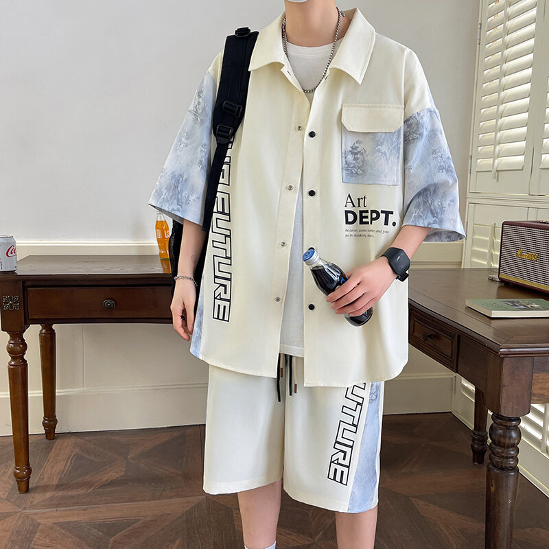 Summer Men's Sets Korean Fashion 2 Piece Suit Tracksuit Men Trend Patchwork printing Joggers Short Sleeve Shirt+Shorts Outfit Se