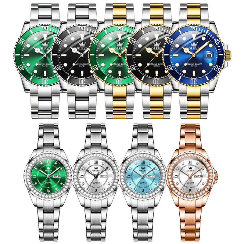 OLEVS-Relógio Quartz Impermeável para Homens e Mulheres, Relógio de Pulso Original Casal, Marca de Luxo, Calendar Week, Lover, Verde, Romântico