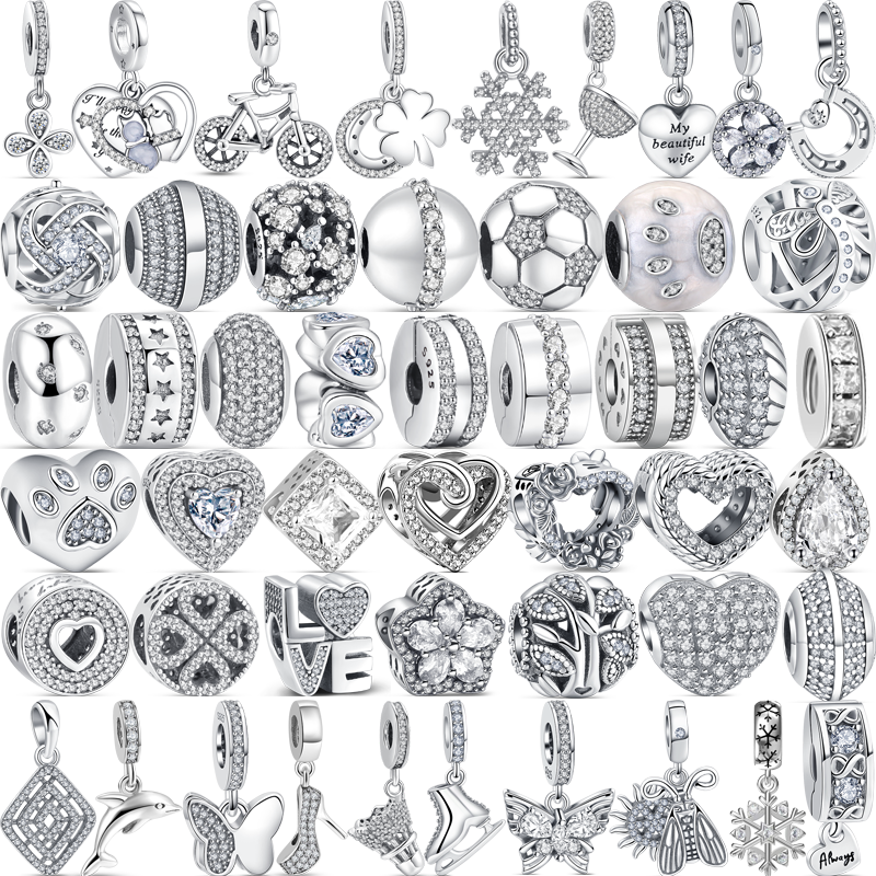 925 argento semplice colore argento stile corona farfalla cuore scintillante perline Fit originale Pandora braccialetto di fascino gioielli di lusso fai da te