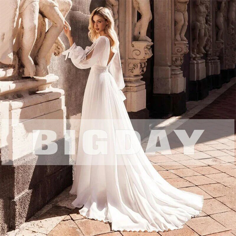 Женское шифоновое платье с открытой спиной, Элегантное свадебное платье-трапеция с длинными рукавами-фонариками, V-образным вырезом и разрезом сбоку, платье невесты со шлейфом