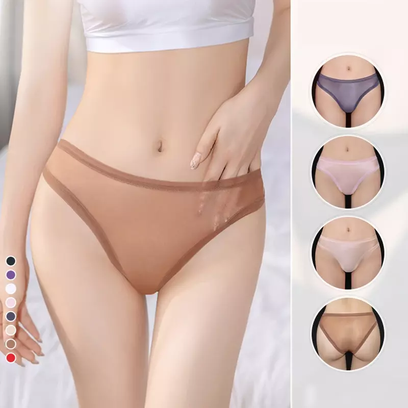 Women Thin Sheer Mesh Sexy Briefs Ice Silk Panties Low Rise Elasticity Breathable Lingerie See Through Underwear Solid Thongs