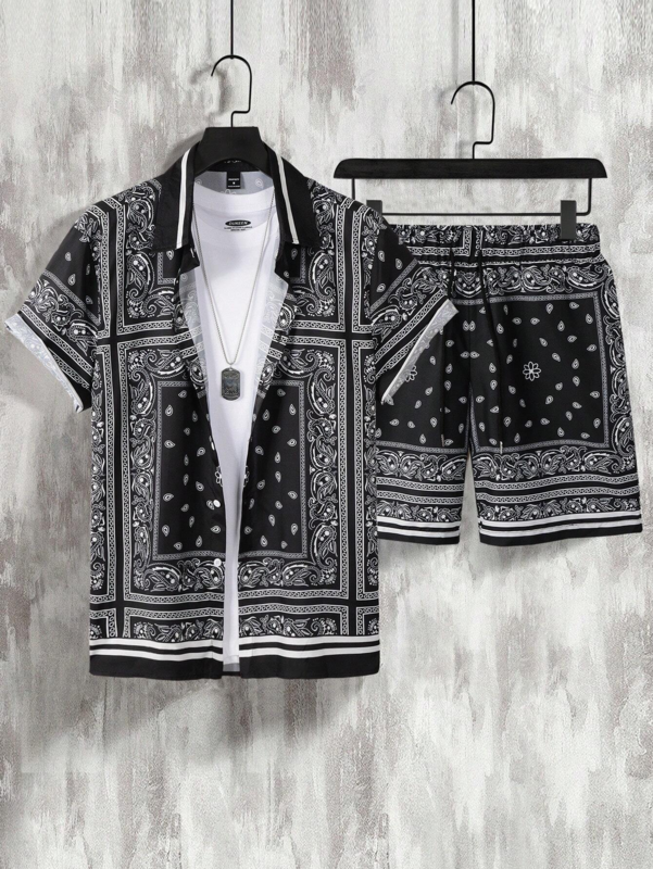 夏のファッションパーソナライズされたデザイン印刷半袖シャツのスーツ海辺のボタンラペルシャツショーツ